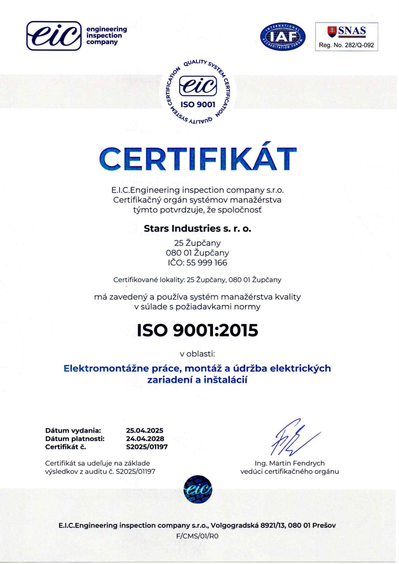 Certifikát kvality ISO 9001 spoločnosti Stars Industries
